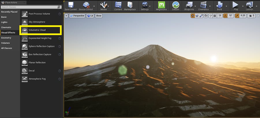 UE Editor with Volumetric Cloud highlighted