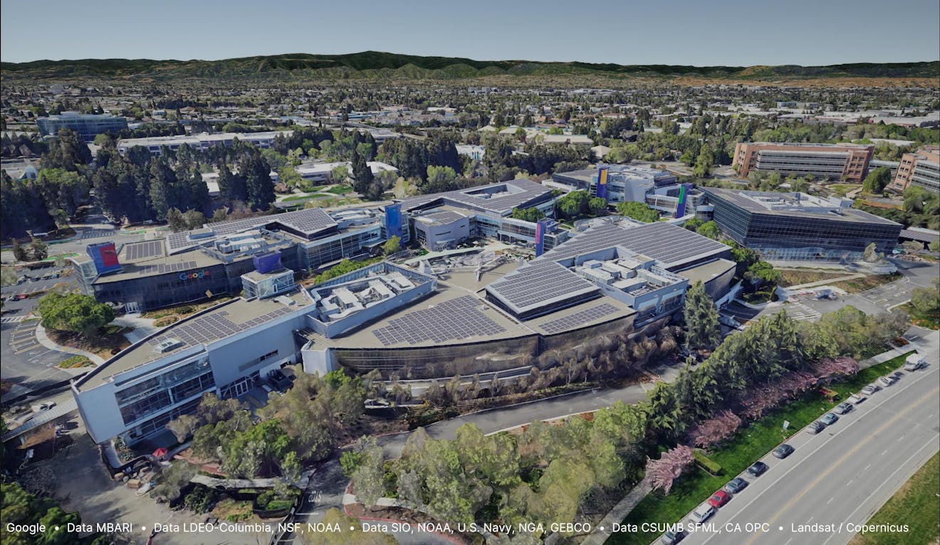 The Googleplex in Mountain View, California, USA, visualized with Photorealistic 3D Tiles in Cesium for Unity.