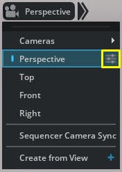 Click the properties button next to the Perspective entry in the camera drop-down menu on the viewport.