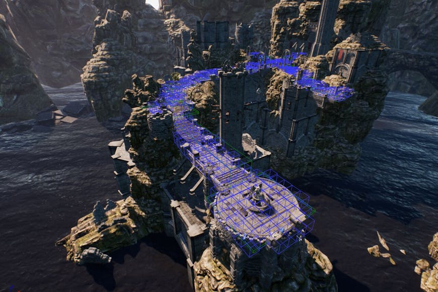 Fig 1.0: Precomputed visibility volumes visualized in Unreal Engine. In this level, some sections of the cliffside may not be visible from many of the volumes along the walkway - this information can be precomputed. Credit: https://docs.unrealengine.com/4.26/en-US/RenderingAndGraphics/VisibilityCulling/PrecomputedVisibilityVolume/
