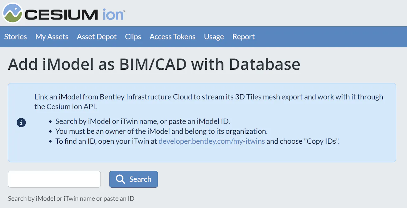 Add iModel as BIM/CAD with Database screen in Cesium ion