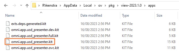 This folder contains .kit files, which are configuration files that describe the extensions and settings used by the application. Open omni.app.usd_presenter.kit in a text editor.