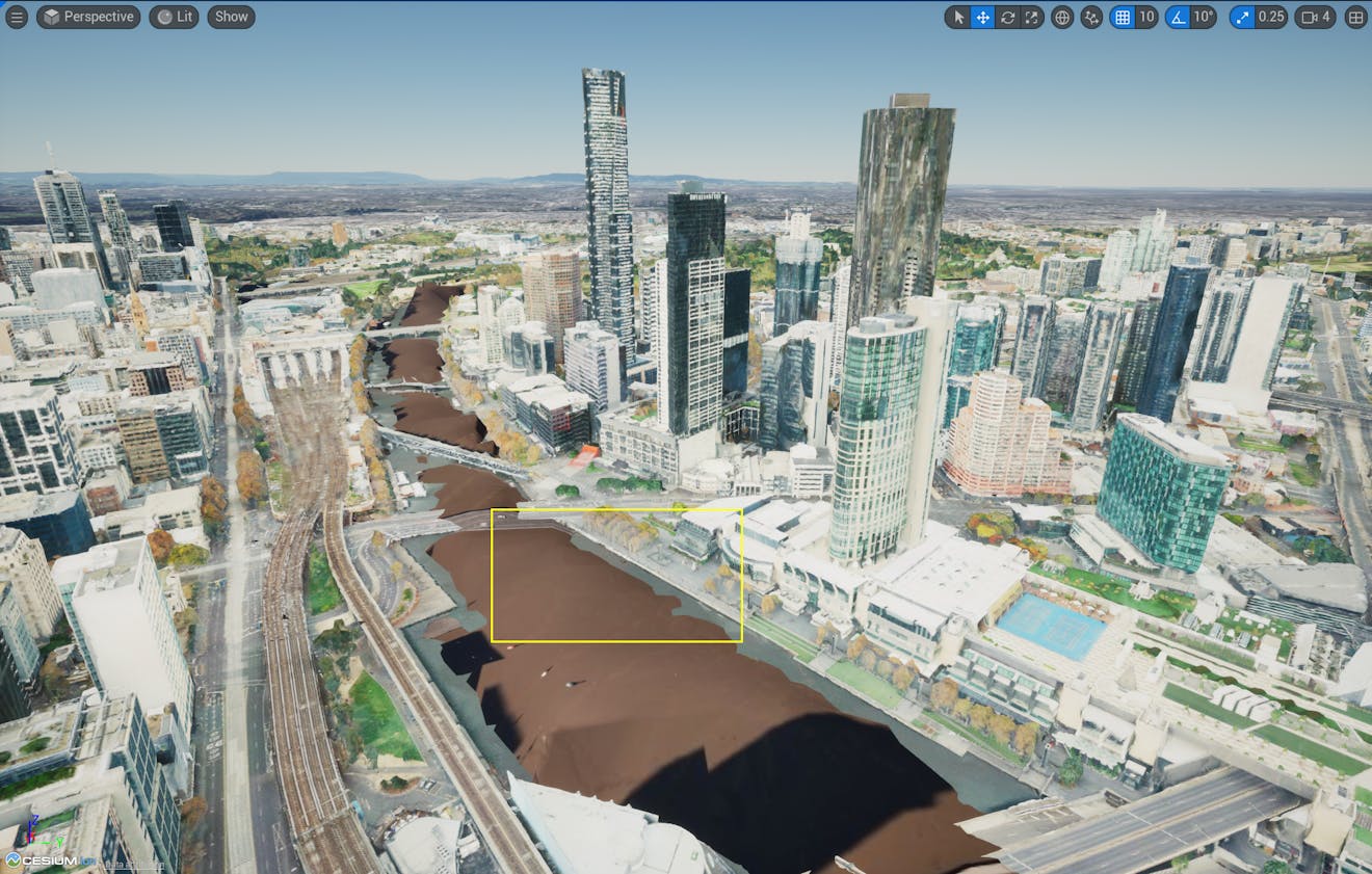 A screenshot showing Melbourne with bits of Cesium World Terrain sticking up through it.