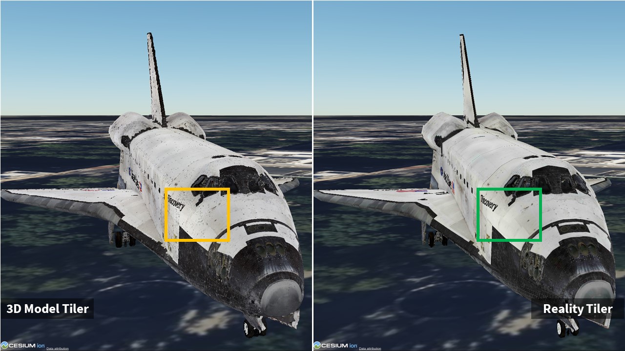 Visual Comparison between 3D Model Tiler (Left) and the new Reality Tiler (Right). Space Shuttle Discovery