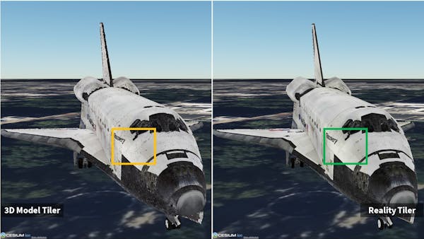 Visual Comparison between 3D Model Tiler (Left) and the new Reality Tiler (Right). Space Shuttle Discovery