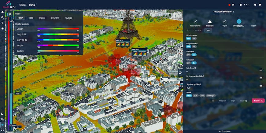 5G is powerful but sensitive. Here, the color spectrum indicates reference signal received power (RSRP, signal strength); red is strong. Pictured is Paris, France, in CesiumJS. The Eiffel Tower is in the top-center of the photo, with red, yellow, and green signal indicators and white and black buildings. Courtesy Blare Tech.