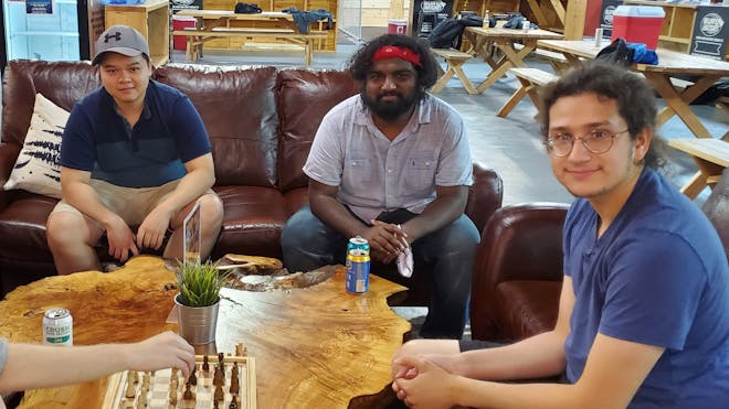 Bao Tran, Nithin Pranesh, and Erixen Cruz at a Cesium team outing