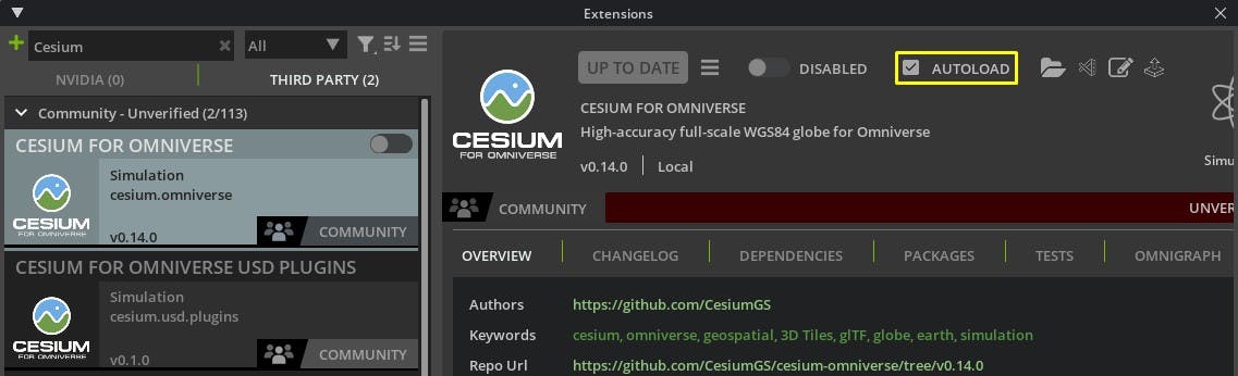 Cesium for Omniverse tutorial: quickstart. Tick the autoload checkbox for Cesium for Omniverse; then close and relaunch Omniverse USD Composer. You do not need to enable autoload for Cesium for Omniverse USD Plugin.