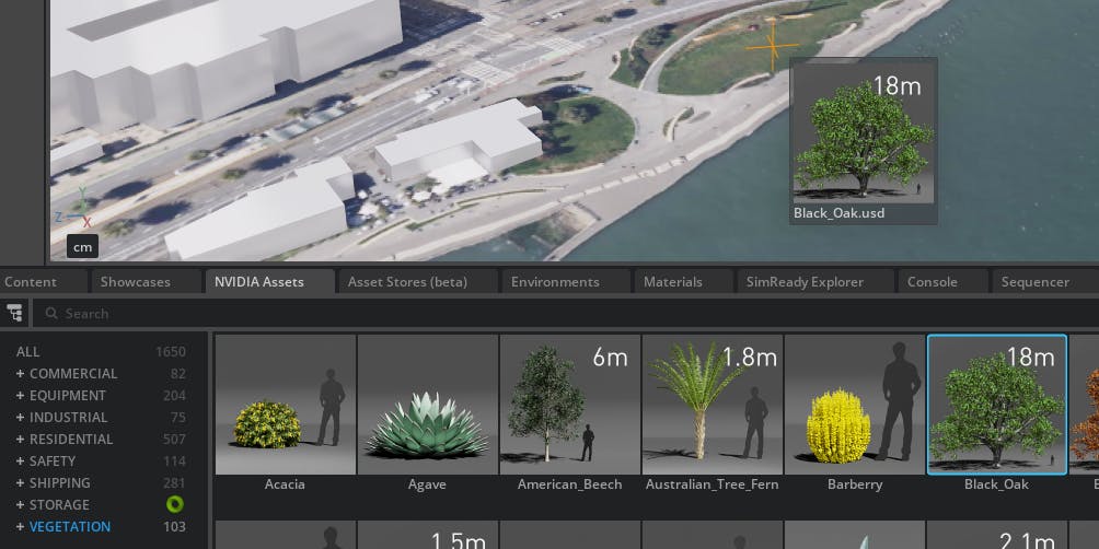 Cesium for Omniverse tutorial: Placing Objects on the Globe. From NVIDIA Assets > Vegetation, select a large tree, such as the Black_Oak, and drag it onto Cesium World Terrain.