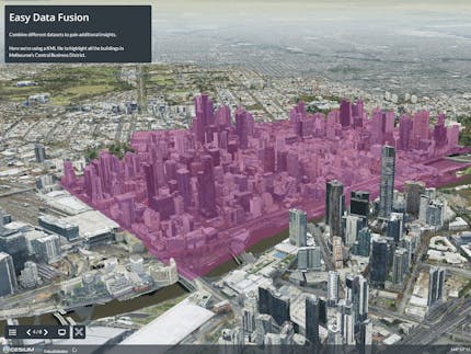 Screenshot of Cesium Stories presentation mode, showing a section of a city highlighted in purple to demonstrate feature picking. 