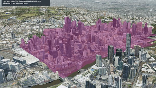 Screenshot of Cesium Stories presentation mode, showing a section of a city highlighted in purple to demonstrate feature picking. 