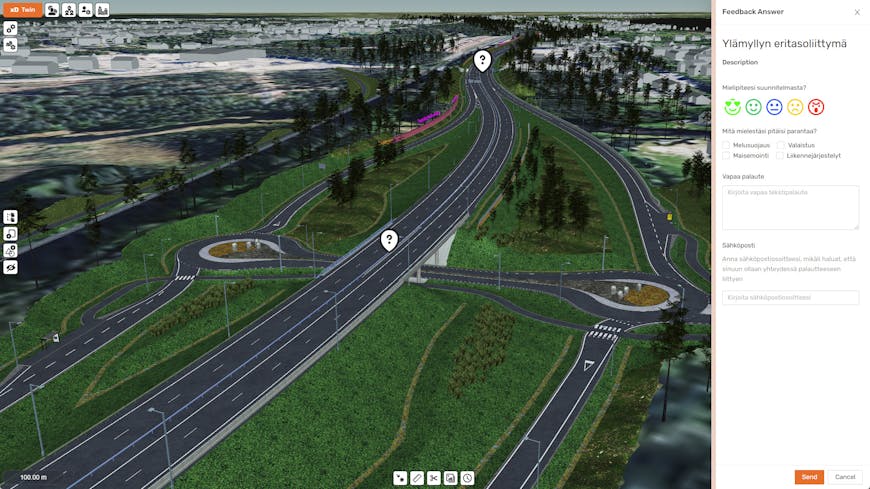 Presentation mode in xD Twin showing a highway. On the right is a comment pane for citizens to share their thoughts.