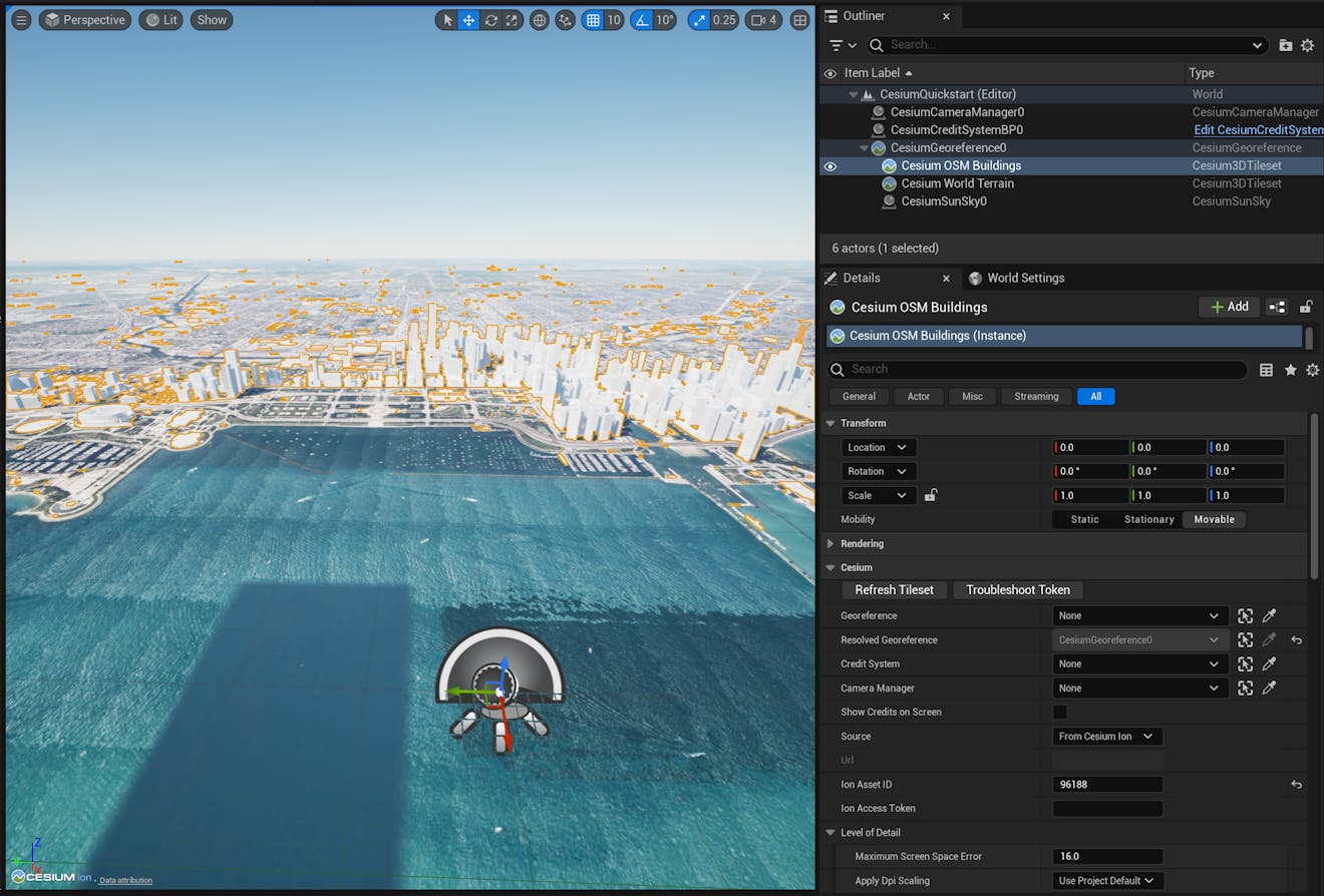 A screenshot showing the view after Cesium OSM Buildings is added to the level.
