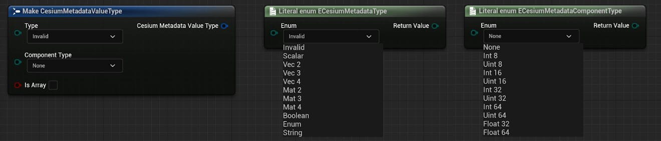 Cesium for Unreal tutorial: Upgrade to 2.0 Guide. On the left, a Blueprint node showing the components of a CesiumMetadataValueType. In the middle, a Blueprint showing the possible enum values for ECesiumMetadataType. On the right, a Blueprint showing the possible enum values for ECesiumMetadataComponentType.