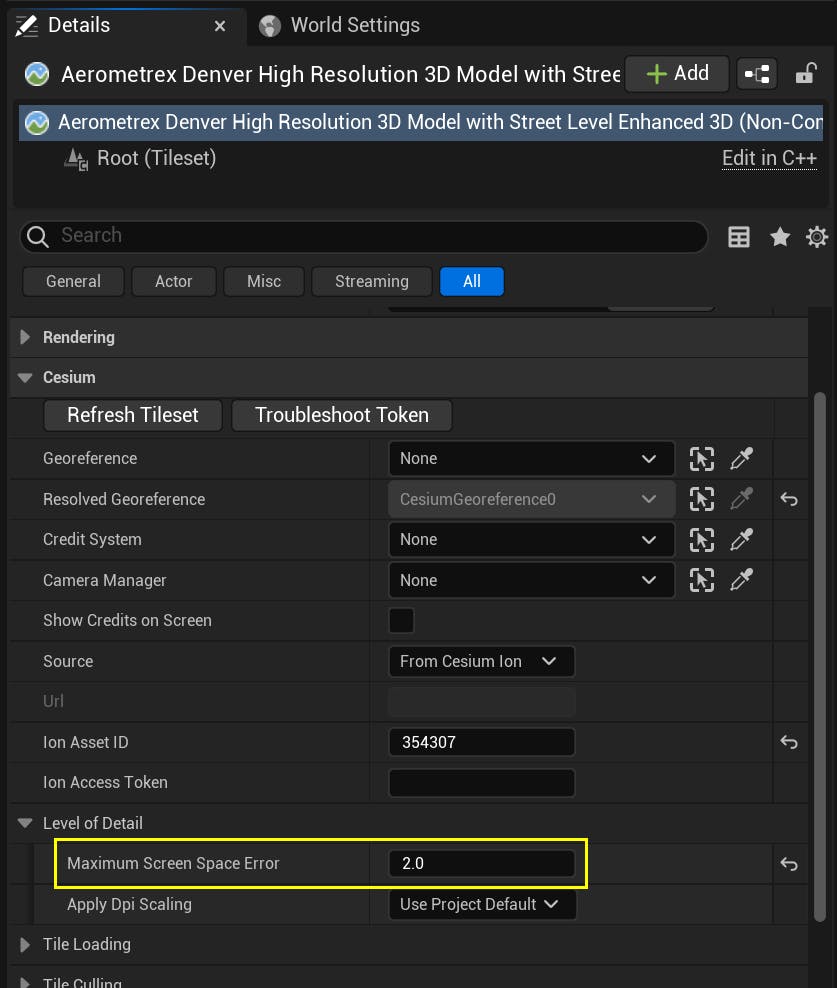 A screenshot of the Denver tileset's Details panel with the Maximum Screen Space Error property highlighted.