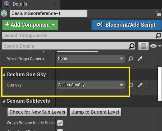 Screenshot of the CesiumGeoreference actor configuration dialog in Unreal Engine