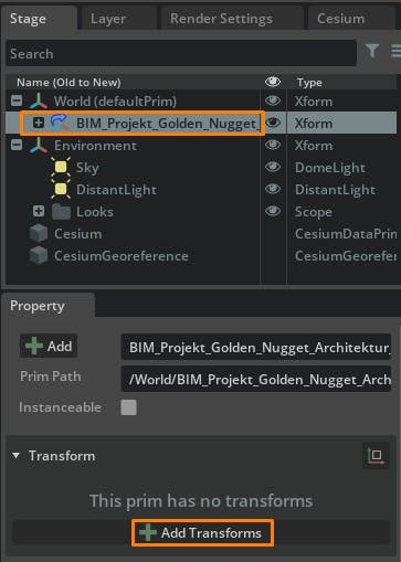 Cesium for Omniverse/Revit tutorial: Select the payload in the stage, and click Add Transforms in the Transform section of the Property window. 