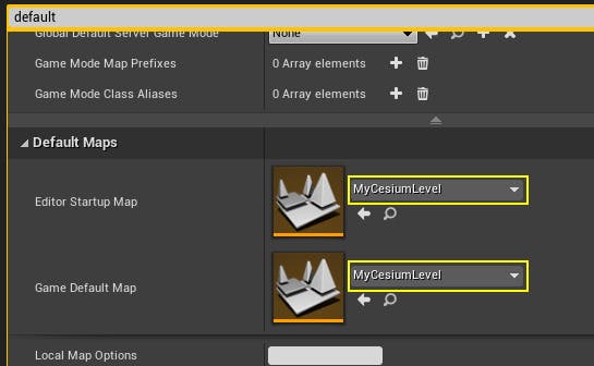 A screenshot of the Unreal Engine default maps settings dialog