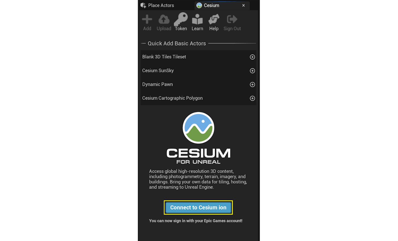 A screenshot of the Cesium panel, highlighting the button to connect to Cesium ion.