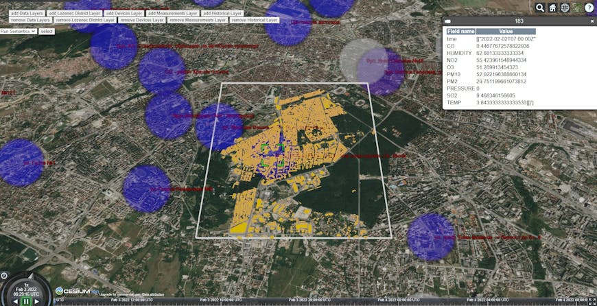 Circles indicating air quality overlaid with 3D building models of Sofia