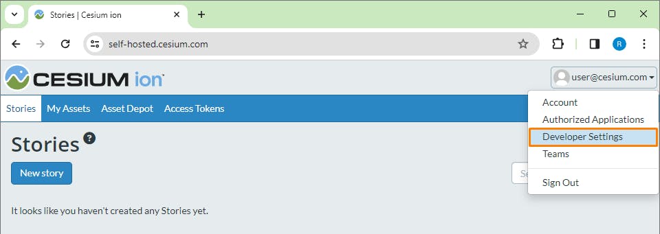 Cesium for Omniverse: Using Cesium ion Self-Hosted. Click your username in the top-right corner, and choose Developer Settings.