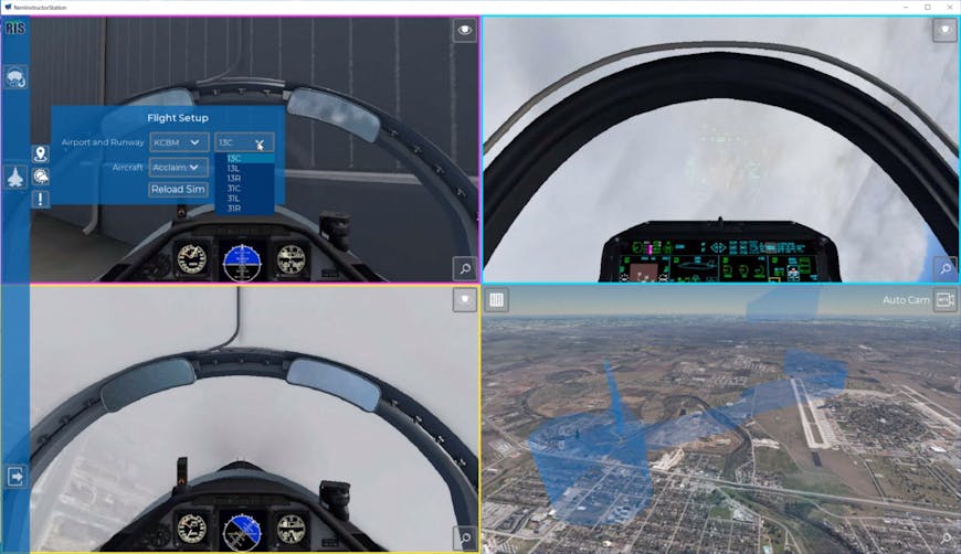 Remote instructor station showing three control panels and real-world data of terrain where simulated flights will occur, streamed from Cesium ion to Unreal Engine.