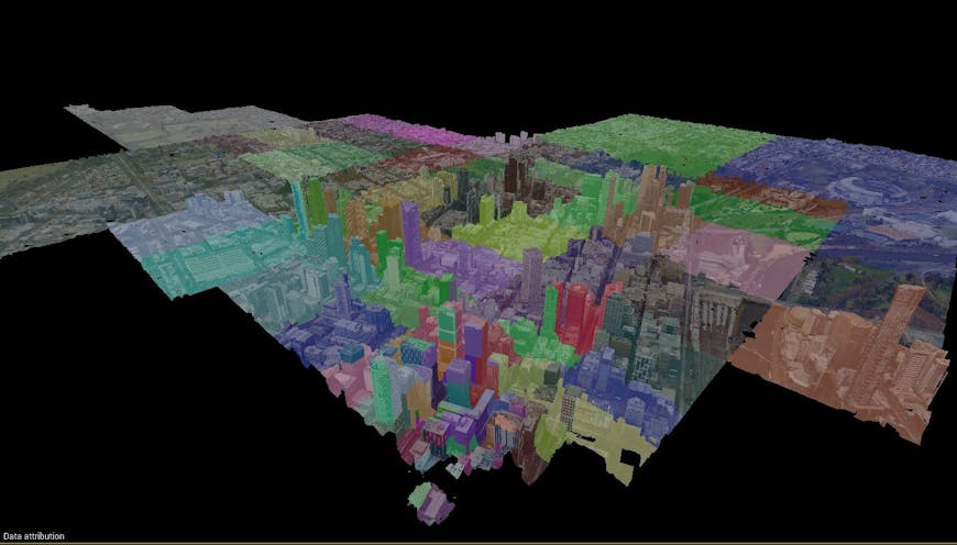 Fig 3.0: The same camera view from Fig 2.1-2.3 is again shown from above. Each tile is tinted with a random color to make it easier to tell the tiles apart. In this first picture, 3D Tiles occlusion culling is off and 93 tiles were loaded. 