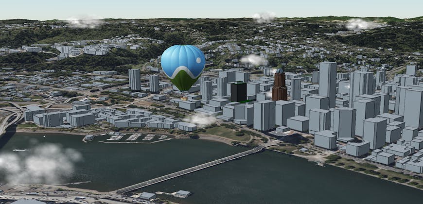 CesiumJS hot air balloon with clouds over city
