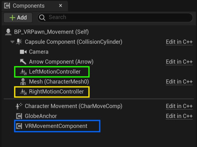 The VR Pawn component setup