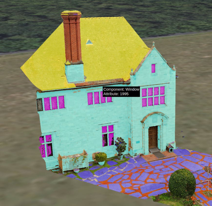Photogrammetry model of a house, colored with different features