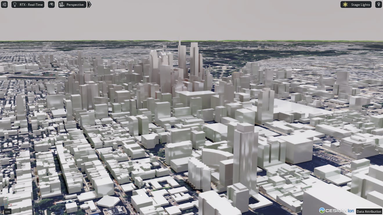 Cesium for Omniverse: Style by Properties. The stage should now be located at Philadelphia, with Cesium OSM Buildings situated on Cesium World Terrain.