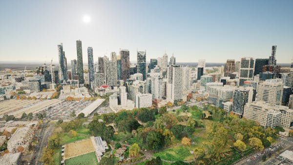 Point cloud of Melbourne, Australia, rendered with point attenuation based on geometric error in Cesium for Unreal.