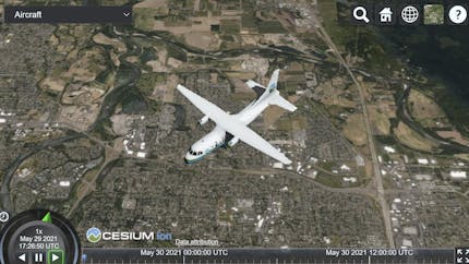 The Cesium airplane model seen from above in a sandcastle with a drop down to select a Cesium 3D model to display