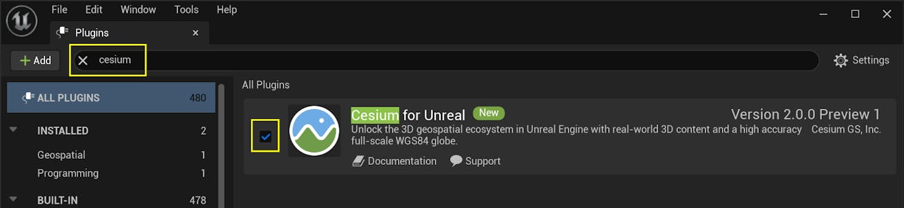 A screenshot of the plugin search box and the "enabled" checkbox for the Cesium for Unreal plugin.