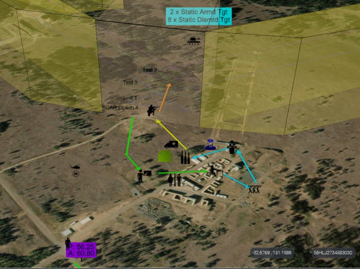 3D range danger area template in yellow and locations of participating soldiers on a map