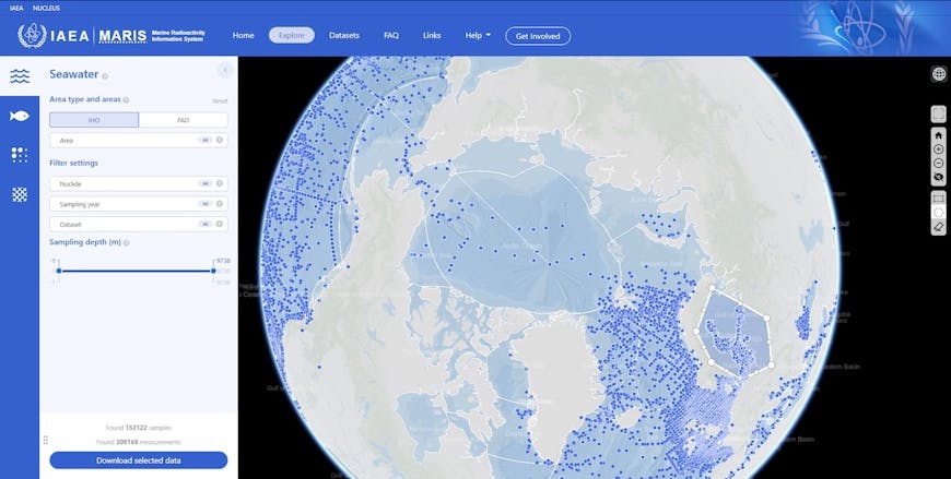 A screenshot of the Maris web site, showing the globe centered on the Artic with blue dots in water to represent locations of seawater samples, and a form for filtering what's displayed. An irregular shape covering part of northern Europe has been selected by the user. 