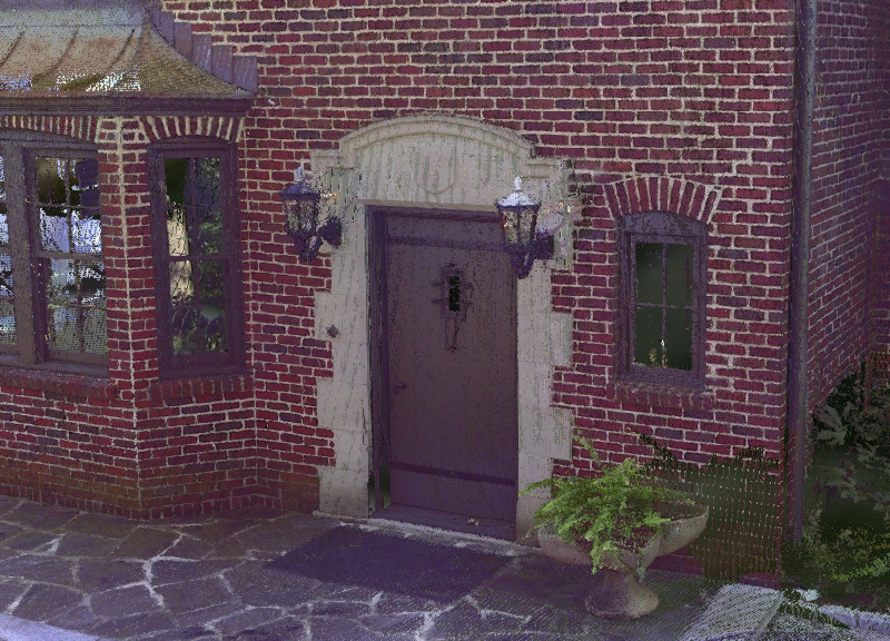 Point cloud data of a house exterior at millimeter precision, is visualized in CesiumJS. Data courtesy of Trimble Inc.