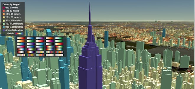 3D Tiles of city buildings colored based on their height 