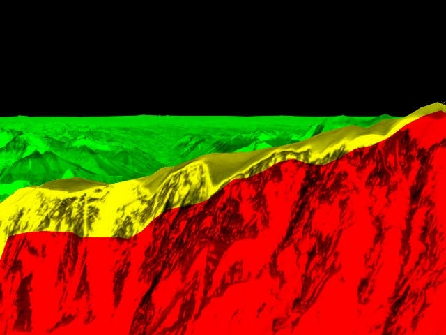 View with only terrain colored by frustum