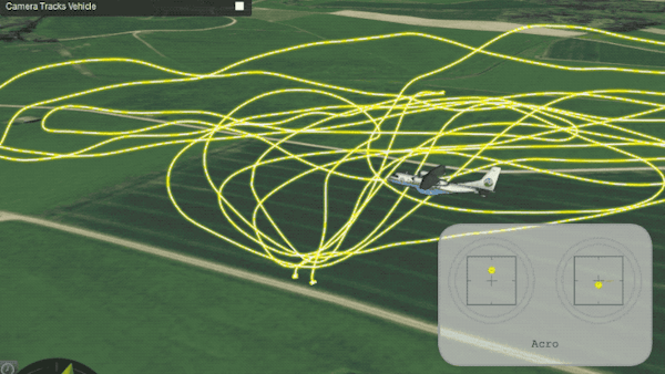 An animated drone model flying back and forth with its flight path colored yellow