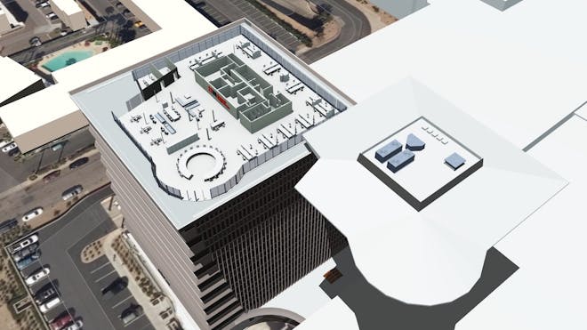 3D rendering in EdgyGeo of the top floor of a tall office building with its roof removed