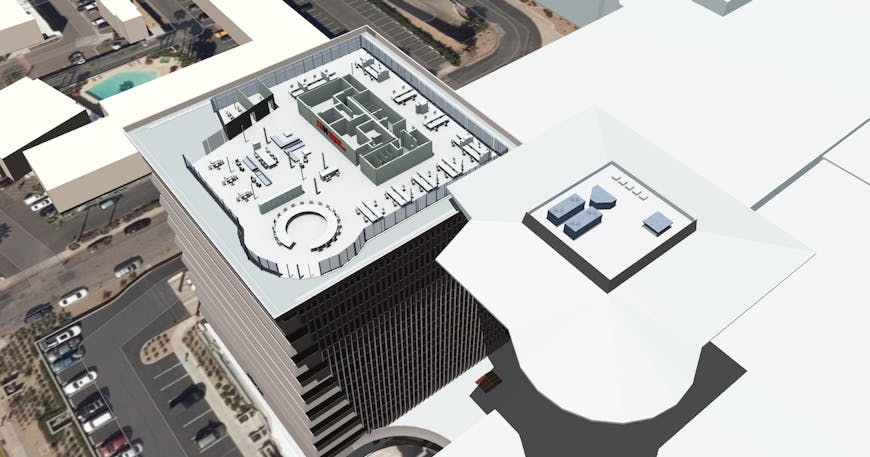 3D rendering in EdgyGeo of the top floor of a tall office building with its roof removed