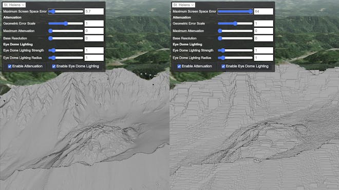 Side-by-side point clouds of Mt Saint Helen's in CesiumJS with different screen space errors set. The low SSE appears smooth and the high appears blocky.
