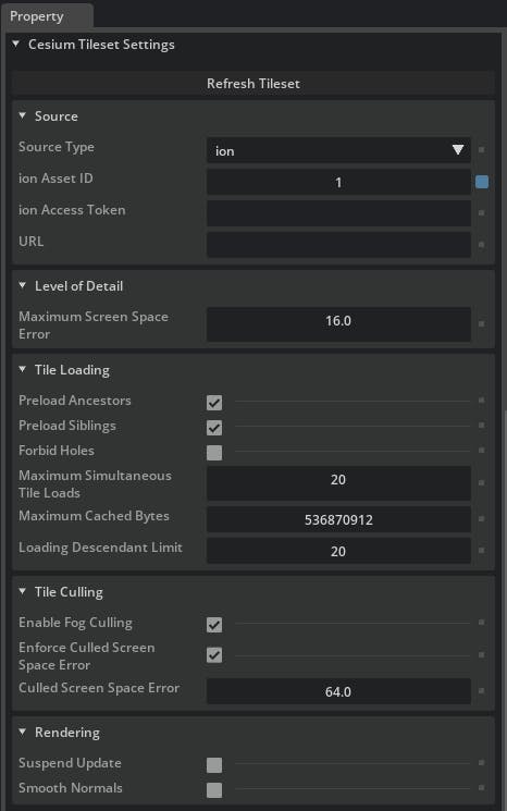 Scroll down to Cesium Tileset Settings to see properties specific to Cesium tilesets.