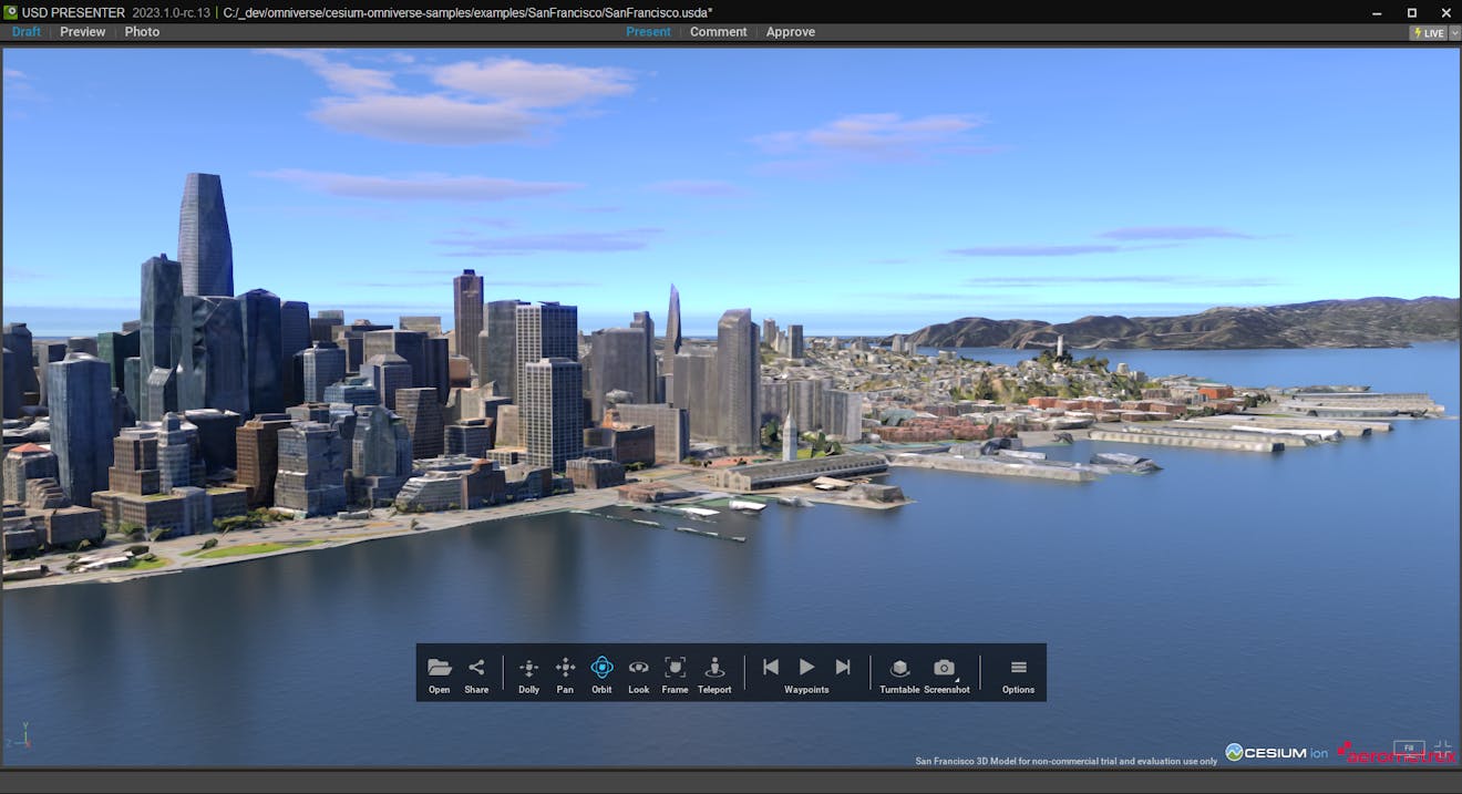 Open a USD file containing Cesium for Omniverse content. Your USD content along with Cesium tilesets should load correctly in USD Presenter.