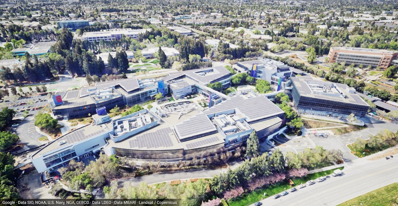The Googleplex in Mountain View, California, USA, visualized with Photorealistic 3D Tiles in Cesium for Unreal.