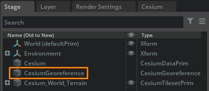 Cesium for Omniverse/SketchUp tutorial: From the stage, select the CesiumGeoreference prim to display its properties in the Property window.