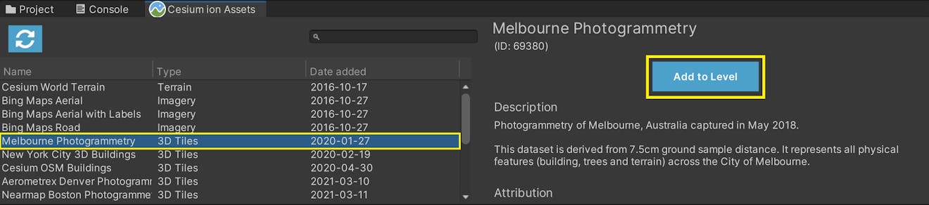 Cesium for Unity: add Melbourne photogrammetry.