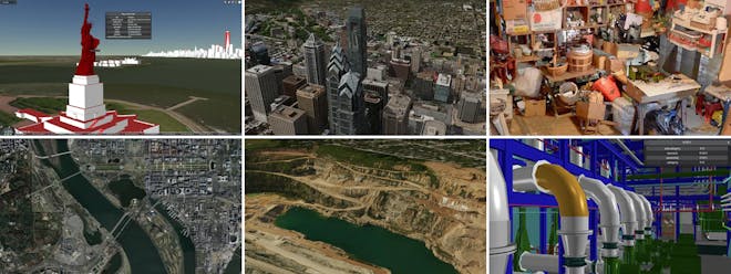 Six images illustrating common file types - 3D buildings showing the Statue of Liberty and Manhatten, photogrammetry of Philadelphia buildings, point clouds of an interior garage scene, satellite imagery of a city and river, 3D terrain of a water-filled construction dig, and a 3D model of the interior of a factory