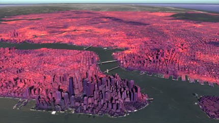 Median heat data in New York City visualized over Google Photorealistic 3D Tiles in Cesium for Omniverse.